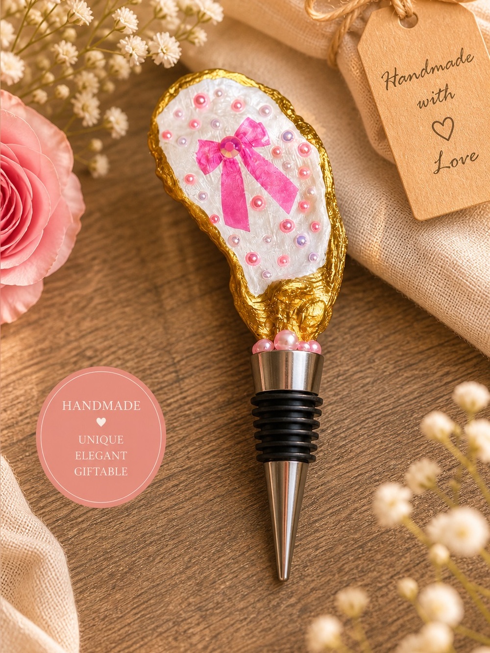 Handmade Gold & Pink Beaded Wine Stopper with Bow Detail